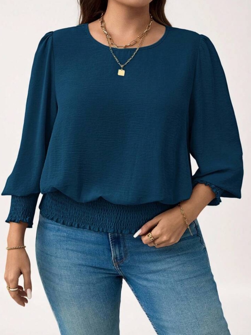 Women’s Navy Blue Smocked-Hem Blouse - Stylish Everyday Top